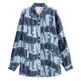 Loose Fit Blue Letter Printed Denim Big Size Jacket New Lapel Long Sleeve Women Coat Fashion Spring Autumn voguable