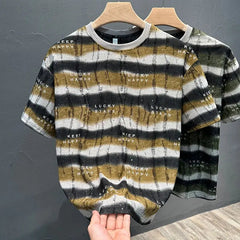 Voguable Summer New Style Personalized Striped Frayed Sequins Trendy Brand T-shirt Loose Casual Versatile Round Neck Men's Short Sleeves voguable