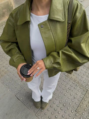 Fashion Green Leather Sleeve Loose Jacket Women Chic Laple Zipper Cropped Short Coats 2024 New Lady Casual High Street Outerwear voguable