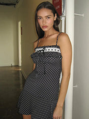 Spaghetti Strap Polka Dot Mini Dress For Women Robe Contrast Color Off-shoulder Sleeveless Backless Club Party Dress voguable