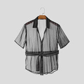 Men Striped Shirt Mesh Lapel Short Sleeve Men Clothing Sexy Lace Up Transparent Streetwear Summer Fashion Male Shirts voguable