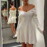 Knitted Off Shoulder V Neck Mini Dress Women's Sexy High Waist Long Sleeve Dress White Knitted Sweater Dress Robe Women