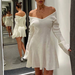 Knitted Off Shoulder V Neck Mini Dress Women's Sexy High Waist Long Sleeve Dress White Knitted Sweater Dress Robe Women