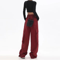 Streetwear Vintage Hip Hop Oversize Red Cargo Pants Women Drawstring Elastic Waist Loose Wide Leg Harajuku Casual Trousers 2023 voguable