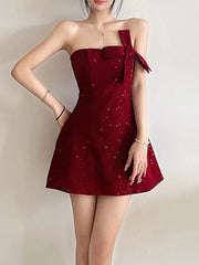 Trendix Sequins Tube Top Dress Ladies Fashion Bow Patchwork High Waist Sleeveless Mini Dress Party Sexy Off Shoulder Dress Women voguable