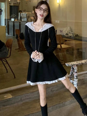 Women's French Lace Patchwork Y2K Dress Hooded Long Sleeves Slim Waist A-Line Short Skirt 2025 New Spring Summer Chic Vestidos voguable