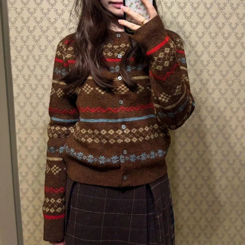 Vintage Jacquard Sweater Women Autumn Winter Round Neck New Thicken Korean Paisley Ingle-breasted Folk Knitted Cardigans Tops voguable