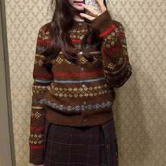 Vintage Jacquard Sweater Women Autumn Winter Round Neck New Thicken Korean Paisley Ingle-breasted Folk Knitted Cardigans Tops voguable