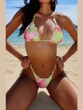 Lace Colorful Flower Print Bikini Shirring 2 Piece Set Women Halter Bra Tops+Skinny Briefs Vacation Beach Style Outfits voguable