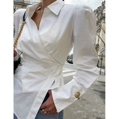 Elegant White Shirts Women Fashion Irregular Blouses Office Ladies Korean Long Sleeve Chic Buttons Slim Design Tops New voguable