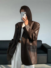 Women Black Brown Soft PU Leather Blazer Shoulder Pads Long Sleeve Single Breasted Loose Casual Jacket Tops Korean Fashion Coat voguable