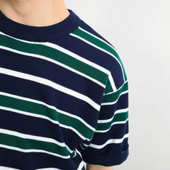 Voguable Retro American Casual Short-sleeved T-shirt for Men Round Neck Short-sleeved T-shirt Base Shirt for Summer New Stripes for Men voguable