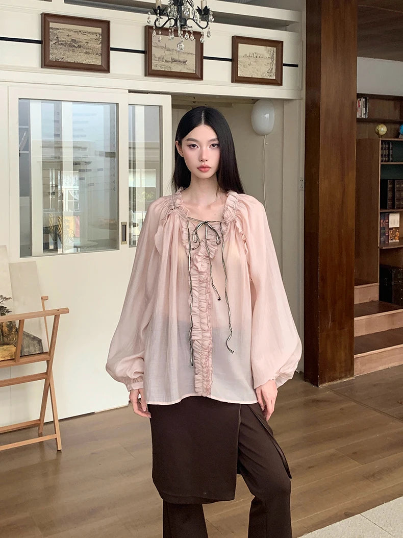 Fall 2025 Fashion Woman Ruffle Lantern Sleeve Sheer Blouse Women V Neck Bandage Oversize Top Designer Fashion Clothes voguable