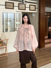 Fall 2025 Fashion Woman Ruffle Lantern Sleeve Sheer Blouse Women V Neck Bandage Oversize Top Designer Fashion Clothes voguable