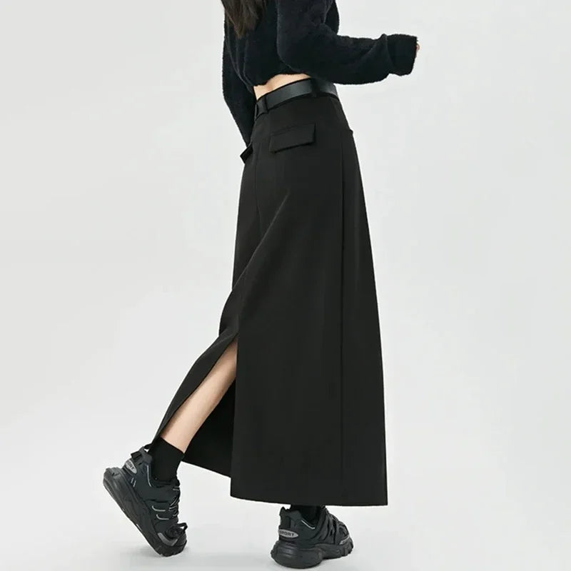 Autumn Faux Fur Belt Midi Skirts Women Y2K High Waist Rear Slit A-Line Skirt Winter Thick Elegant Office Lady Woolen Skirts New voguable