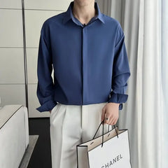 New Long Sleeve Men Shirt Ice Silk No Iron Simple Lapel Hidden Button Business Casual Autumn Solid Color Men Dress Shirt voguable
