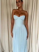 Fashion Strapless Women Pleated Hem A-line Dress Sexy Backless Sleeveless High Waist Maxi Dress Female Chic Party Evening Robes voguable
