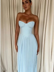Fashion Strapless Women Pleated Hem A-line Dress Sexy Backless Sleeveless High Waist Maxi Dress Female Chic Party Evening Robes voguable