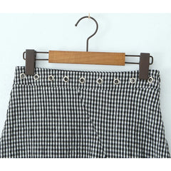 Women Vintage Black White Irregular Plaid Skirt Metal Eyelets High Waist A-line Cotton Summer Skirts Holiday