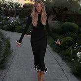 Elegant Solid Ruffles Midi Dress Autumn Long Sleeve Outfits for Women Sexy Backless Party Shift Dresses Vestido