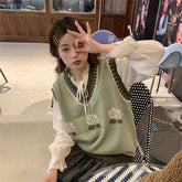 Three-piece Suit for Women Spring Matcha Green Knitted Vest Girly White Shirt Black Pleated Skirt College Style Suit Female voguable