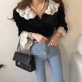 Voguable Autumn Velvet Shirts Tops Women Lace Patchwork Fashion Ruffle Long Sleeve Ladies Blouses Vintage Korean Loose Woman Shirt voguable