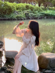 French Beige Pleated Ruffles Princess Short Dresses Women Sweet Fashion Temperament Vacation Ball Gown Party Mini Dress Backless voguable