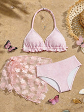 Voguable Children Pink Crinkle 3-Piece Bikini Set with Halter Triangle Top & Floral Mesh Sarong Cover Up Beachwear Girl's Sportswear voguable