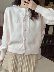 Ruffles Sweet Cardigan Women Cute Long Sleeve Bow Sweaters Preppy Style O Neck Japan Kawaii Letter Lace Up Love Buttons Top