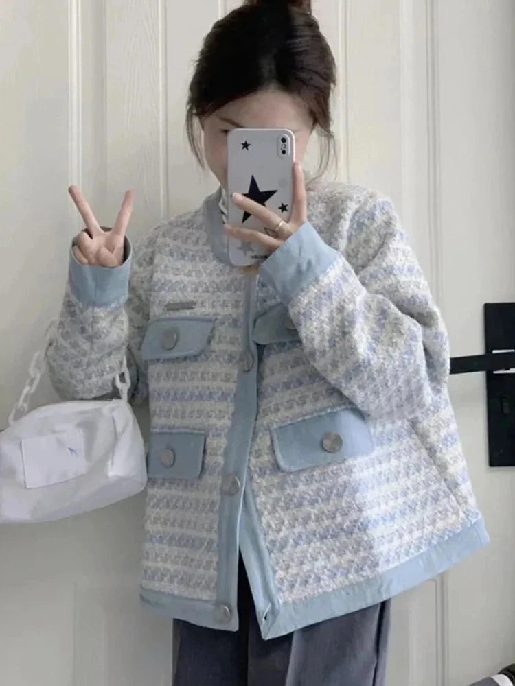 Fall Women Sweet Tweed Jacket Vintage Casual Long Sleeve Elegant Coat French Cute O Neck Women Fall Winter Retro Tops New voguable