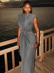 Sleeveless Ruched Sexy Maxi Dress For Women Gown Fashion Solid O Neck High Waist Bodycon Club Long Dress Vestido voguable