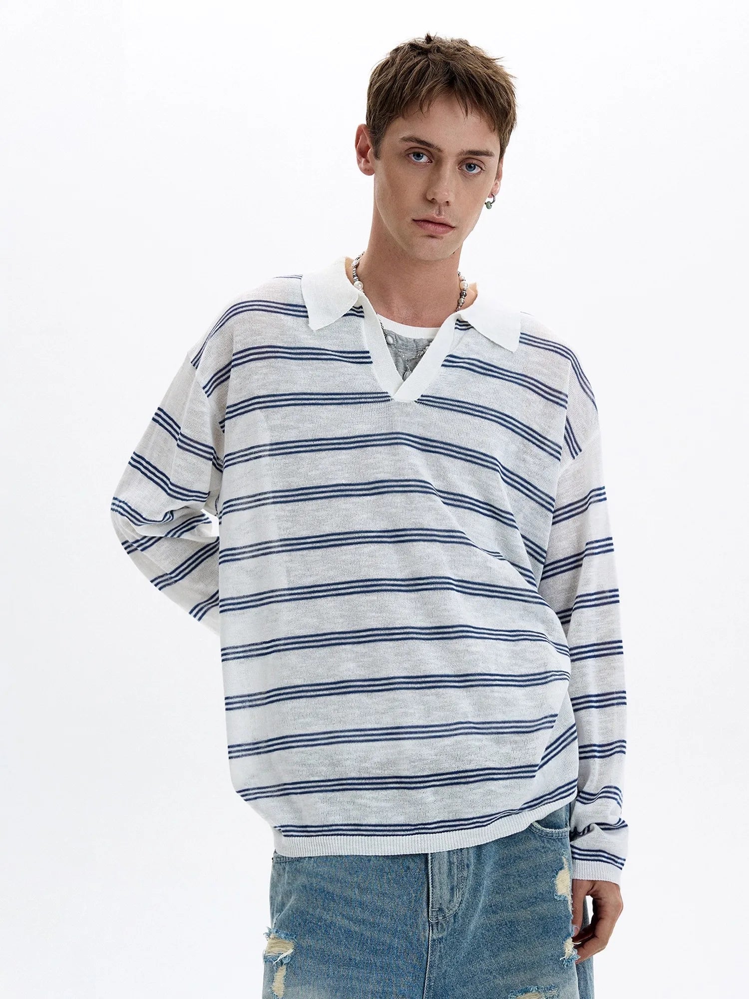 American Retro Striped Contrasting Color V-neck Long-sleeved Polo Shirt Men Women Loose Casual Bottoming Trendy Tops Aesthetic voguable