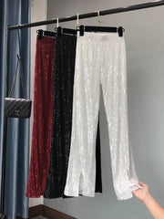 Voguable New Autumn and Winter Women's Fashionable Shiny White Trousers, Versatile Slimming High Waist Sequined Flared Trousers voguable
