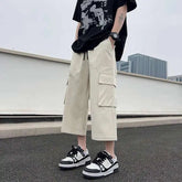Summer Casual Pants Men Fashion Pocket Cargo Pants Men Japanese Streetwear Hip-hop Loose Wide Leg Pants Mens Cropped Pants voguable
