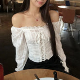 Voguable White Lace Up Cropped Women Shirts Lace Slash Neck Off Shoulder Flare Sleeve Korean Fashion Blouses Slim Aesthetic Chic voguable