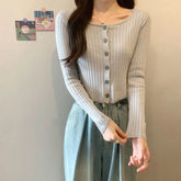 Voguable Square Collar Long-sleeved Knitted Cardigan Women's Spring Autumn Fashionable Design Short Sweater Base Shirt voguable