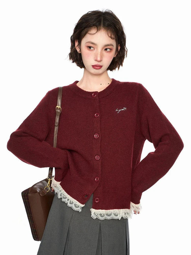 Lace Patchwork Retro Cardigan Women Streetwear Long Sleeve O Neck Knitted Sweaters American Casual Letter Vintage Fall Tops voguable