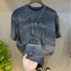 Men's New Vintage Tie-Dye Short Sleeve Black Wash With Old Ripped sequins Loose TShirts Casual Streetwear Hip Hop Tee Shirt voguable