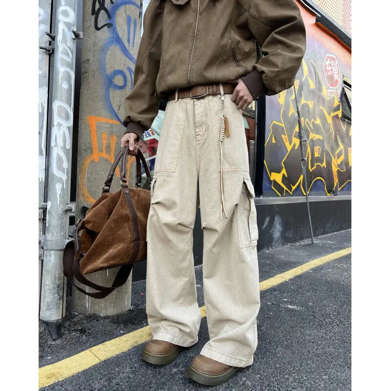 Mens Casual Workwear Cargo Pants Loose Fit Straight Wide Leg Multi Pocket Utility Tactical Outdoor Hiking Durable Heavy Duty voguable