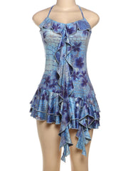 Flower Patchwork Dress Women Bandage Halter Low-Neck Ruched Ribbon Tierred Hem Street Fashion Elegant Mini Bodycon voguable