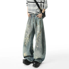 Men Blue Washed Denim Jeans Loose Fit Wide Leg Baggy Streetwear Casual Trousers Hip Hop Graffiti Design Fashion Stretch Comfort voguable