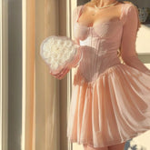 Autumn Mesh Pink Long Sleeve Dress A Line Bodycon Birthday Party Dress Mini Holiday Vacation Dress Women 2023 High Quality voguable