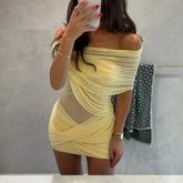 Voguable Yellow Gauze Pleated Strapless Dress Women Elegant Backless Off-shoulder Bodycon Mini Dresses Lady Evening Party Vestido voguable