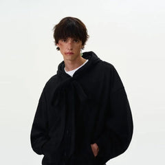 American solid strap design hooded sweatshirt cardigan men's autumn winter new coat couple tops loose versatile jacket voguable