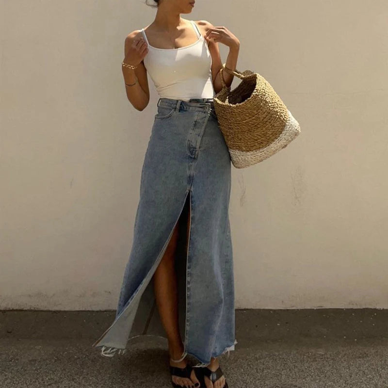 Voguable Irregular Split High Waist Vintage Denim Button Autumn Long Skirts Slimming Mujer All-match Casual Skirt Streetwear Winter voguable