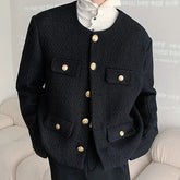 Korean Style Fashionable Tweed Round Neck Jacket Men Japanese Trendy High-end Single-breasted Short Jacket with Temperament voguable