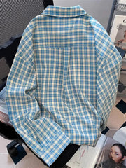 Retro Blue Plaid Shirt Women Casual Fall Long Sleeve Harajuku Retro Blouse Japan Preppy Style Female Turn Down Collar Tops voguable