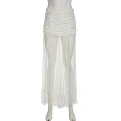 Voguable Sexy Pleated Drawstring See Through Mesh Patchwork Long Skirt White Fairycore Aesthetic Ruffle-line Maxi Skirts Korean voguable