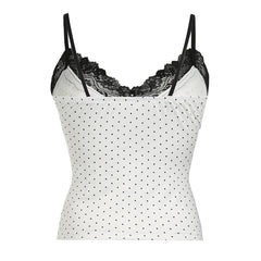 Voguable Y2K Polka Dot Crop Top Sexy Buttons Contrast Lace Patchwork V-neck Camisole Coquette Casual Basic Tank Tops All-match voguable