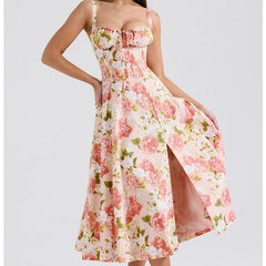 Elegant Women Sexy Front Slit Floral Print Sling Midi Dress Lace Up Bandage Back Female Summer Dresses Holiday Robe voguable
